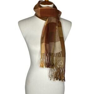 Made In Scotland Cashmere Scarf Brown Plaid Fringe Neckwarmer Preppy Unisex